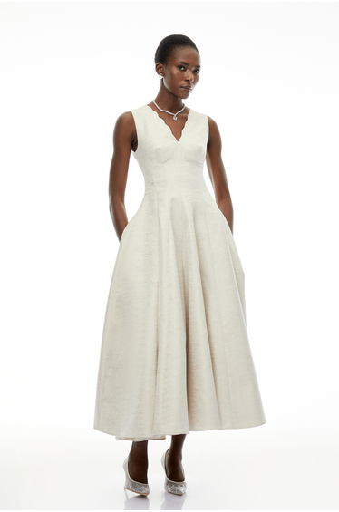 Florence Cream V-Neck Flared Satin Maxi Dress