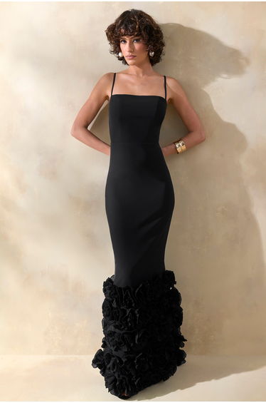 Aurose | Black Square-Neck Maxi Dress With Ruffled-Fishtail