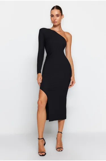 فستان ميداكسي بقصة مستقيمة بكتف واحد - أسود