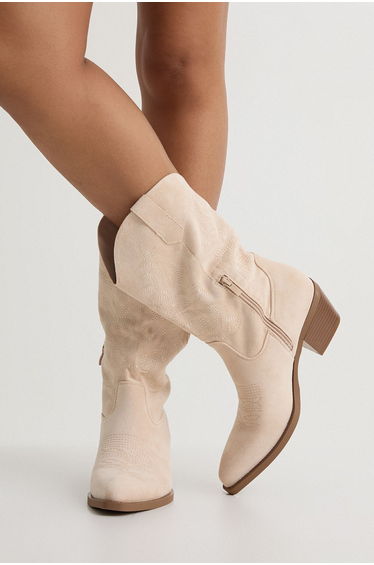 Faux Suede Tab Detail Calf High Western Boots - beige