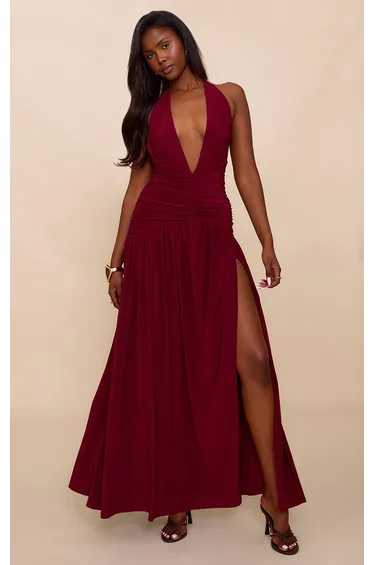 ماكسي بطبقة مزدوجة مزموم لون أحمر