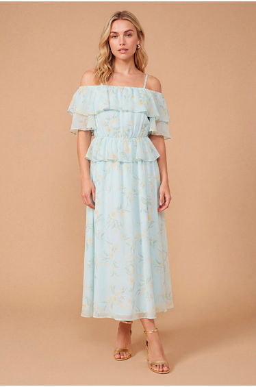 DP Luxe Blue Floral Ruffle Frill Cold Shoulder Midi Dress