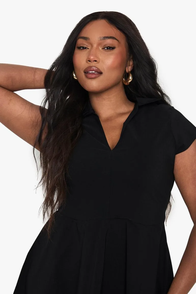 black collared skater dress boohoo Women's Plus Size Collared Tailored Mini Skater Dress