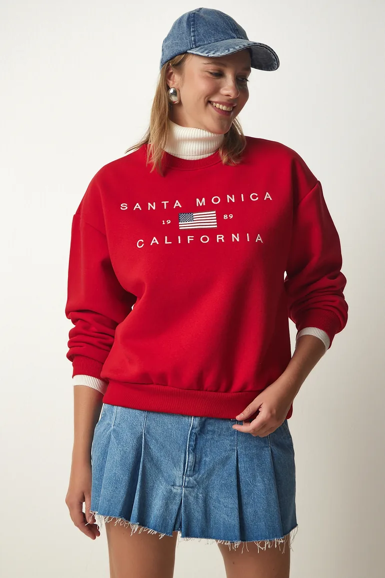 Women's Red Embroidery Raised Knitted Sweatshirt