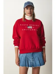 Women's Red Embroidery Raised Knitted Sweatshirt - 1