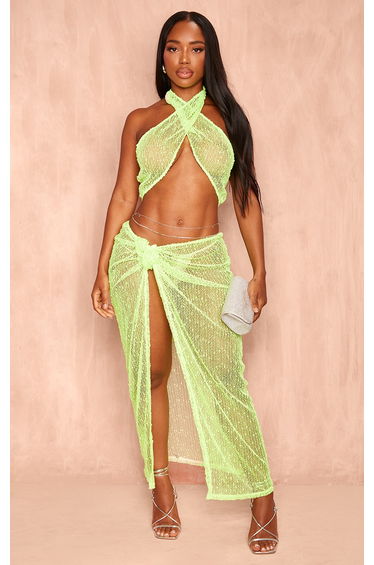 Shape Lime Textured Sequin Knot Side Midaxi Skirt