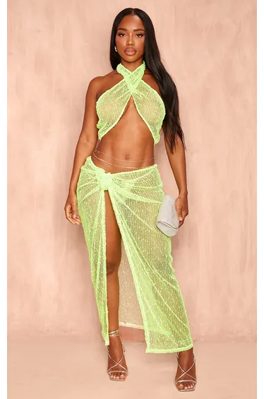 Shape Lime Textured Sequin Knot Side Midaxi Skirt