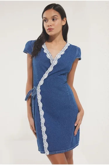 Blue Lace Detailed Double Breasted Tie Mini Denim Dress