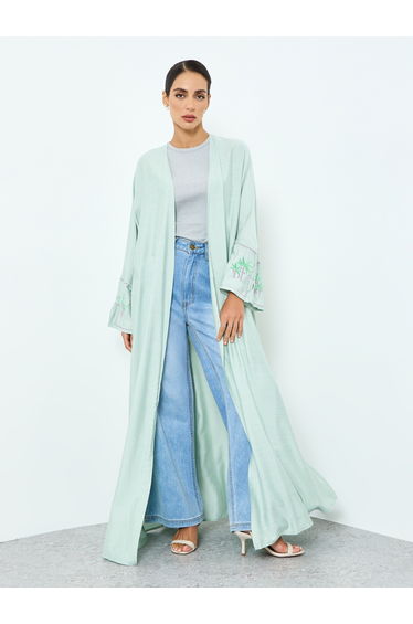 Women Green Embroidered Long Sleeve Abaya