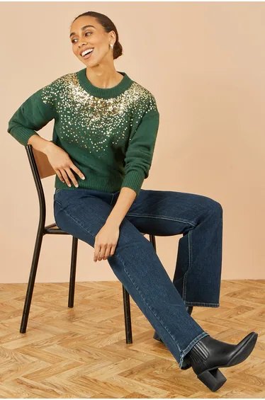 Yumi Green Relaxed Knitted Jumper With Scattered Sequin Neckline