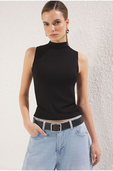 Black Stand Collar Zero Sleeve Super Flexible Regular Length Knitted Blouse