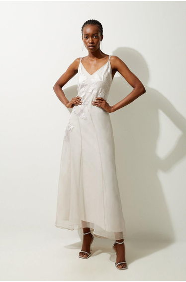 Petite Satin Applique Woven Maxi Dress