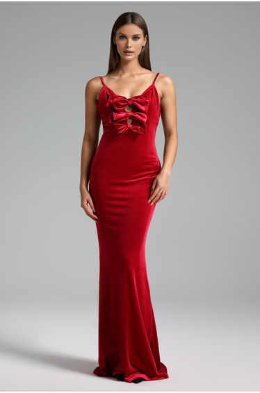 Elay Halter Bow Velvet Maxi Dress
