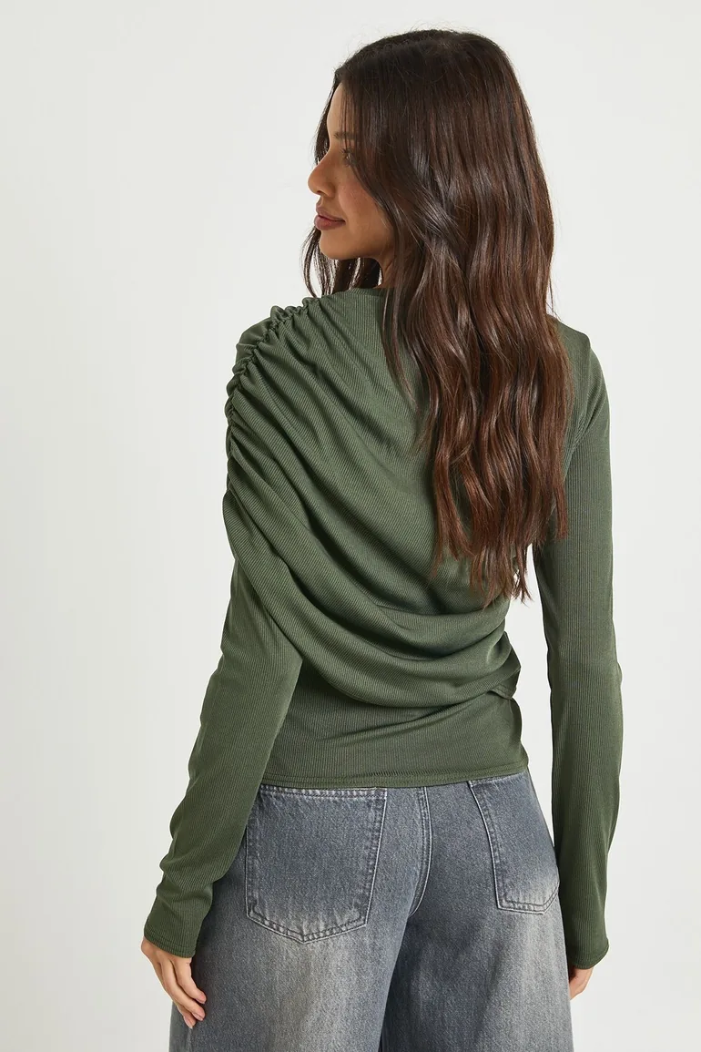 Ribbed Draped Front Long Sleeve Top - khaki - 1