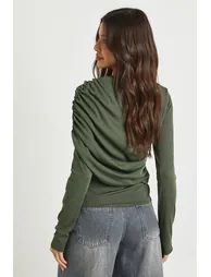 Ribbed Draped Front Long Sleeve Top - khaki - 1