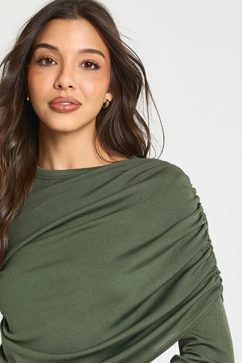 Ribbed Draped Front Long Sleeve Top - khaki - 3