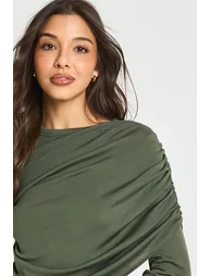 Ribbed Draped Front Long Sleeve Top - khaki - 3
