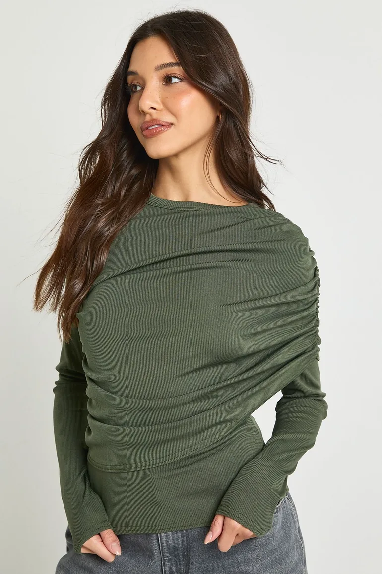 Ribbed Draped Front Long Sleeve Top - khaki - 2