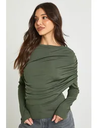 Ribbed Draped Front Long Sleeve Top - khaki - 2