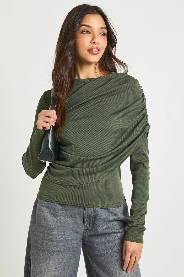 Ribbed Draped Front Long Sleeve Top - khaki