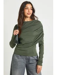 Ribbed Draped Front Long Sleeve Top - khaki