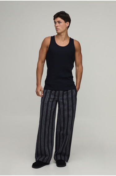 Baggy Fit Stripe Linen Blend Trousers - black