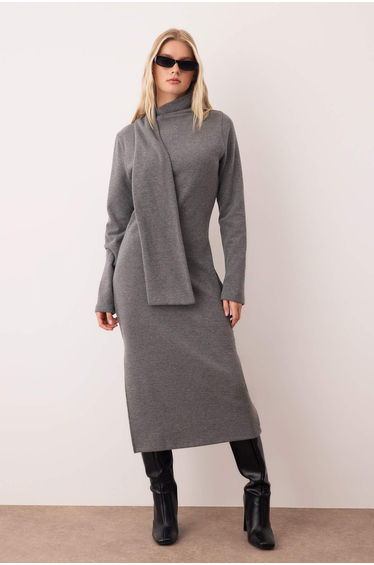 Anthracite Shawl Detailed Selanik/Knitwear Look Bodycon Maxi Knit Dress