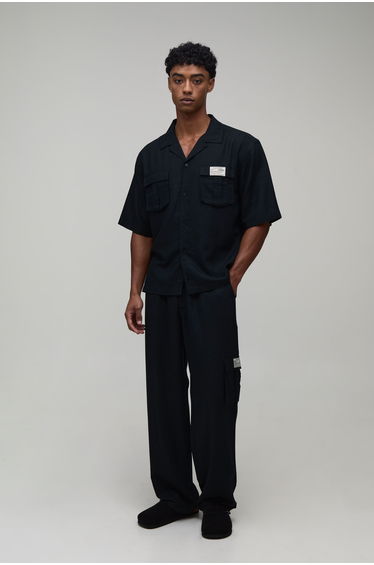 Linen Oversized Short Sleeve Cargo Shirt & Baggy Trouser Set - black