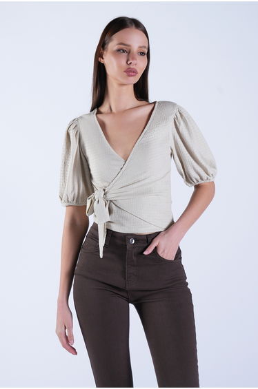 Women's Stone Balloon Sleeve Double-Breasted Waist-Tied Blouse