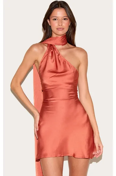 Burnt Orange Satin Scarf Detail Bodycon Dress