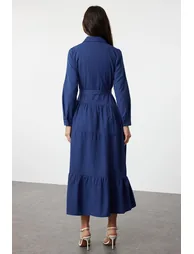 Blue Belted Woven Cotton Shirt Dress - 5