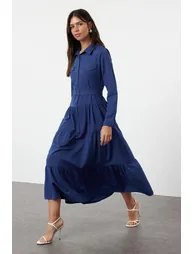 Blue Belted Woven Cotton Shirt Dress - 1