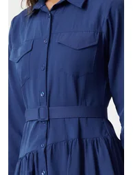 Blue Belted Woven Cotton Shirt Dress - 4
