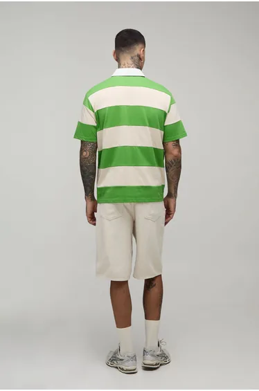Tall Regular Fit Short Sleeve Embroidered Stripe Rugby Polo - green