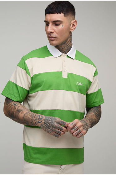 Tall Regular Fit Short Sleeve Embroidered Stripe Rugby Polo - green