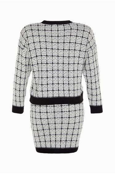 Black Tweed-Looking Skirt Set with a Silvery Knitwear Top-Top