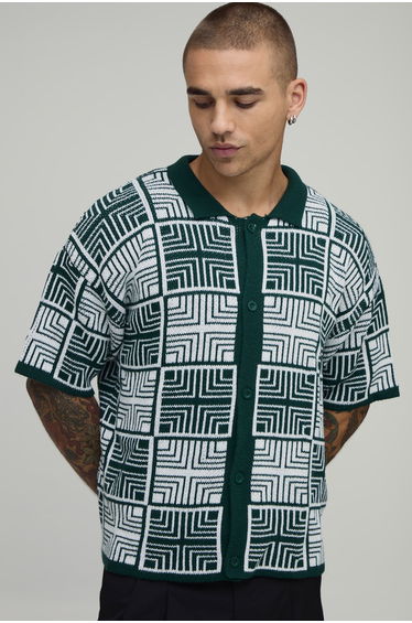 Boxy Square Patch Short Sleeve Knitted Shirt - olive