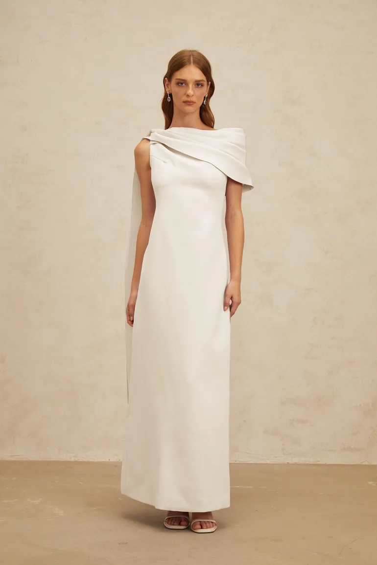 Annabelle White Cape-Design Ribbon Maxi Dress - 3