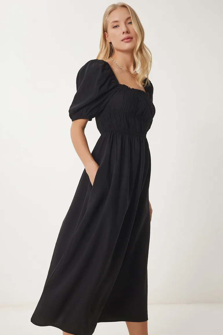 Women's Black Wrinkle Effect Balloon Sleeve Midi Dress - 3