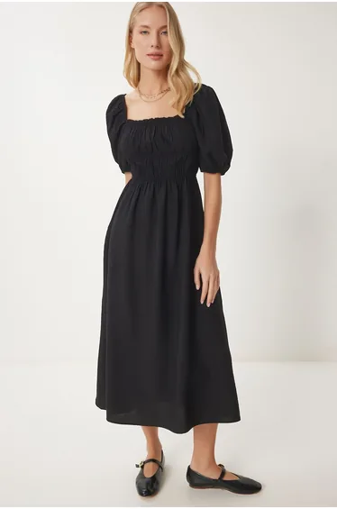 Women's Black Wrinkle Effect Balloon Sleeve Midi Dress