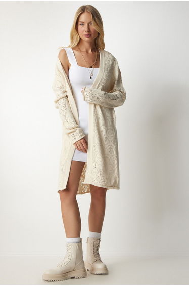 Women's Cream Openwork Long Knitwear Cardigan