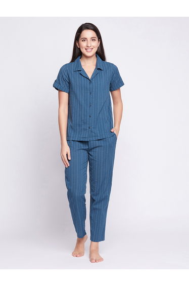 Women Sassy Stripes Button Down Shirt and Pyjama in Navy Blue Long Sleeve Nightwear Set
