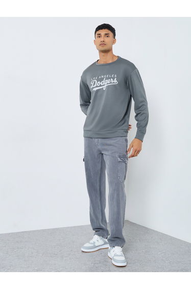 Men Grey Graphic Dodgers Pullover Sweatshirt