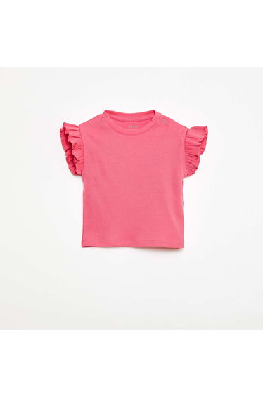 Ribbed T-shirt with Short Flutter Sleeves PINK
