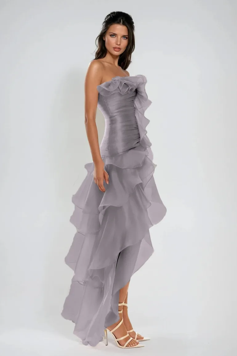 فستان اينوفير دينيم شيفون رمادي ماكسي على شكل حرف A بلا أكتاف - 3