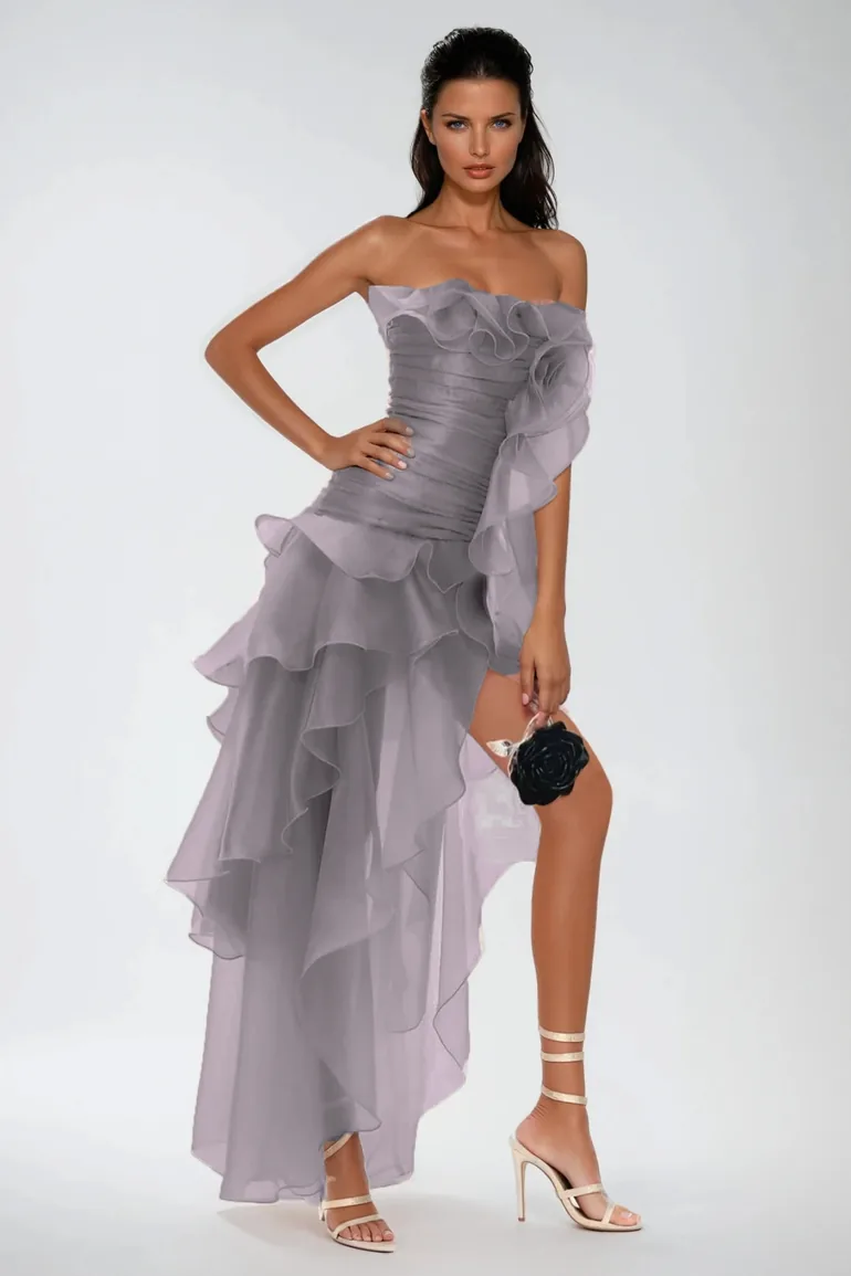 فستان اينوفير دينيم شيفون رمادي ماكسي على شكل حرف A بلا أكتاف - 2