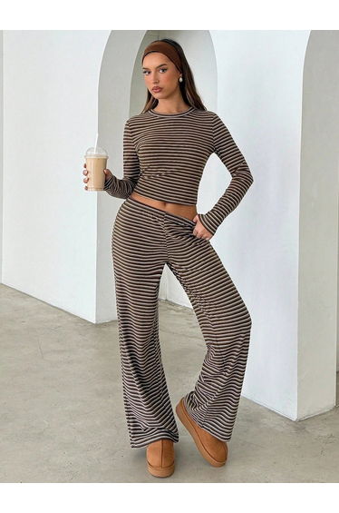 Brown Striped Crop Top and Pants Set