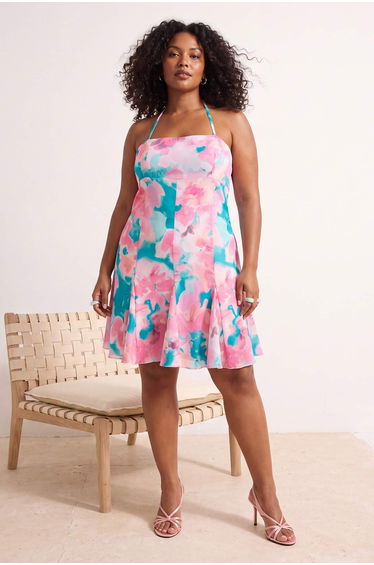 Pink Strap Floral Print Knitted Large Size Dress