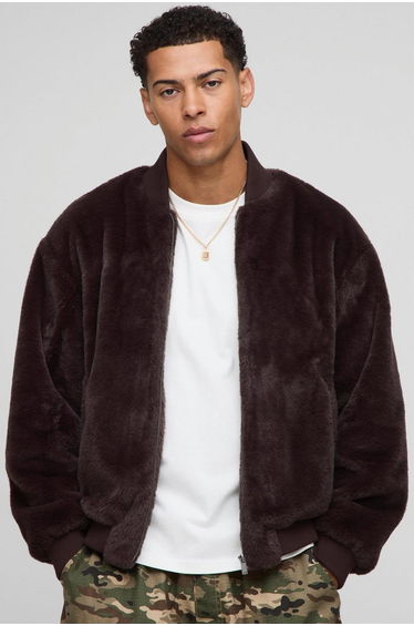 Regular Fit Faux Fur Bomber Jacket - chocolate