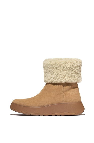 F-Mode Shearling-Collar Zip-Up Suede Ankle Boots Desert Tan
